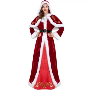 Damen Weihnachten Königin Langes Kleid Mit Kapuze Umhang Gürtel Kostüm Rot Polyester Festlich Samt Jahresabschlussfeier Performance Kleidung