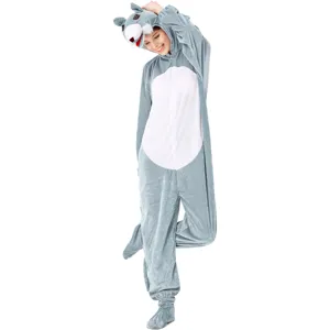 Women wolf animal onesie costume, cute grey cosplay sleepwear for Halloween stage performance.
