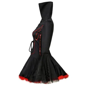Black Halloween vampire costume dress with red sequin trim and fluffy hem detail.