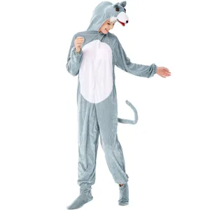 Grey wolf animal onesie costume for women, soft fleece cosplay jumpsuit with hood and tail.