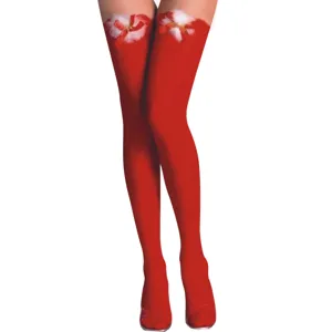 Calze lunghe rosse coprenti spesse da donna con fiocco natalizio, moda festiva invernale.