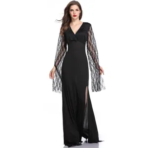 Detailed view of women gothic black long dress, V-neck, lace sleeves, high slit, costume.