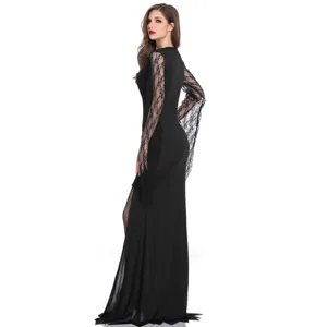 Details showing the black gothic long sleeve dress, perfect for Halloween and costume parties.