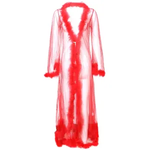 Attraktiver roter transparenter Netz-Langenmantel mit flauschigem Federsaum Damen.