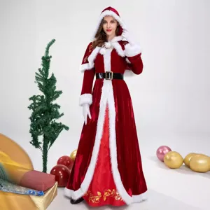 Weihnachtskönigin langes Kleid Übergröße Weihnachtskostüm mit Kapuze Pelzbesatz für Party