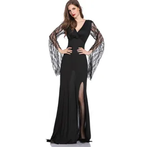 Detailed shot of black long sleeve lace Halloween vampire costume maxi dress with split.