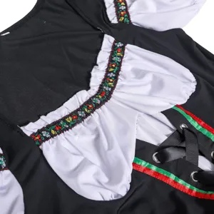 Detailed view of traditional Oktoberfest German beer maid costume bodice with lace-up ribbon trim.