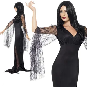 Detailed view of women's black lace long sleeve vampire witch costume for Halloween events.