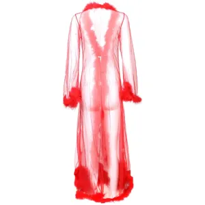 Rotes, transparentes Mesh-Langes Nachthemd mit sexy Kunstpelzbesatz, Detailansicht Damen.