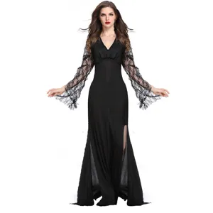 Women Halloween Gothic Vampire Witch Dress Cosplay Costume Black Milk Silk Lace V-Neck High Slit Maxi Dress Party Outfit