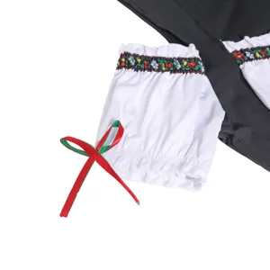 Oktoberfest beer maid costume sleeve detail with floral embroidery and red ribbon bow.