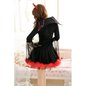 Halloween devil costume for women, black sexy vampire cosplay dress with red feathers.
