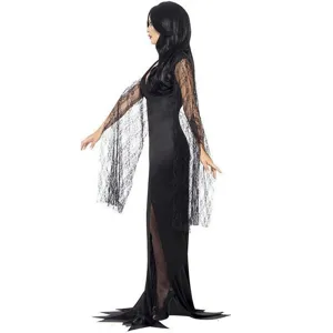 Women Gothic Vampire Witch Halloween Costume Long Black Dress with Lace Sleeves Main View
