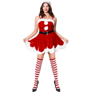 Conjunto de Disfraz de Navidad Sexy para Mujer Vestido de Terciopelo Rojo Con Gorro de Papá Noel Cinturón Calcetines a Rayas Fiesta