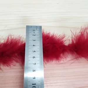 Detailansicht von rotem Federn-Besatz und Netztoff mit Lineal zur Grössenanzeige.