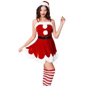 Disfraz de Santa Claus para Mujer Vestido Sexy de Rol de Navidad de Terciopelo con Gorro