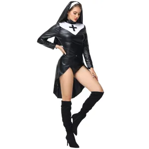 Faux leather nun costume detail showing sleek black PU fabric, white collar with cross accent.