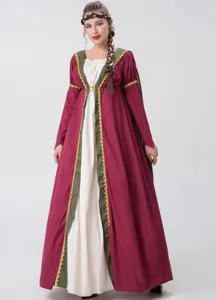Robe de reine médiévale vintage avec cape rouge et verte, costume élégant pour spectacles.