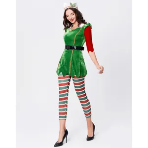 Weihnachten Elfe Kostüm Detail, grüne rote Kleidung mit gestreiften Leggings für Feiertag.