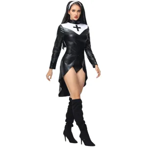 Sexy PU leather nun costume for women Halloween cosplay party outfit black dress with headpiece