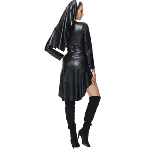 Faux leather nun costume detail showcasing the glossy PU fabric, long sleeves and black finish.