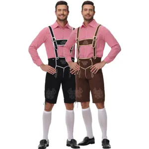 Traditional Men's Oktoberfest Costume Embroidered Lederhosen Plaid Shirt Bavarian Beer Festival Cosplay Outfit Top And Bottom