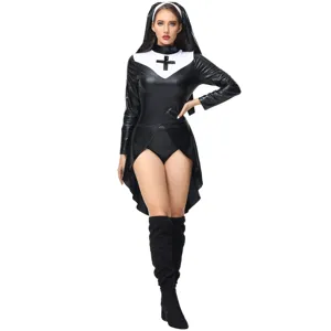 PU leather nun costume for women, sexy halloween cosplay outfit with headpiece and dress.