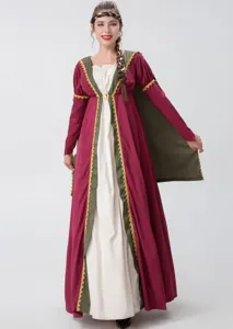 Robe de cosplay reine de cour médiévale avec cape, idéale pour Halloween et le théâtre.