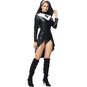Black PU leather sexy nun costume detail, glossy bodysuit and headpiece for Halloween cosplay.