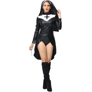 Sexy faux leather nun costume for women, black and white cosplay outfit with headpiece.