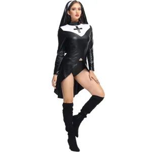 Black PU leather nun costume detail showing the high collar, cross emblem, and stylish design.