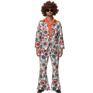 Vue de détail de costume disco homme années 70 avec veste imprimée rétro et pantalon patte d'eph.