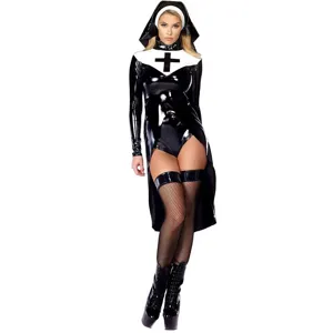 Sexy black PU leather nun costume detail shot, perfect for Halloween cosplay and parties.