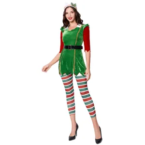 Damen Weihnachten Elfe Kostüm Festlich Cosplay Party Outfit Gestreifte Leggings