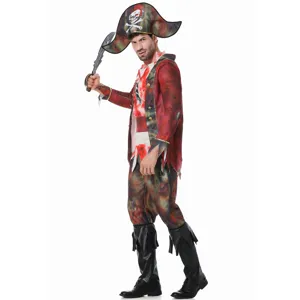 Costume da pirata caraibico uomo zombie Halloween cosplay vestito con cappello e spada finta.