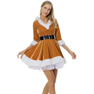 Abito costume di Natale in velluto sexy per donna vestito da festa con cintura e pelliccia finta
