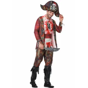 Costume da pirata zombi di Halloween per uomo cosplay capitano vista dettagliata