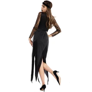 Detailed back view of Halloween ghost bride cosplay costume with black lace long sleeves.