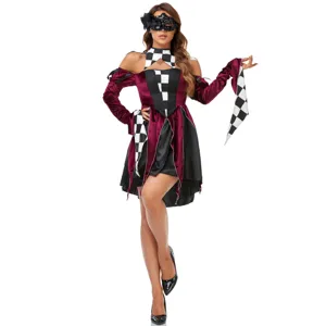 Γυναικείο Κοστούμι Αρλεκίνου Cosplay Απόκριες Πάρτι Φανταχτερό Φόρεμα με Μάσκα και Σκακιέρα