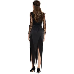 Halloween ghost bride costume for women, black lace long sleeve dress, cosplay party outfit.