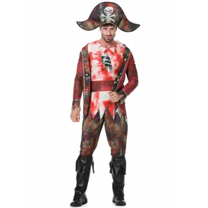 Costume da pirata da uomo Halloween cosplay vestito da capitano zombie insanguinato con cappello.