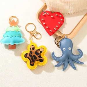 Creative PU Leather Keychain Cartoon Octopus Heart Flower Christmas Tree Bag Hanging Ornament For Women Purse Charm Key Ring