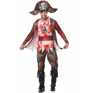 Vista dettagliata del costume da pirata zombie insanguinato con dettagli strappati e cappello.