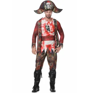 Vista dettagliata del costume da capitano pirata zombie sanguinoso per cosplay halloween