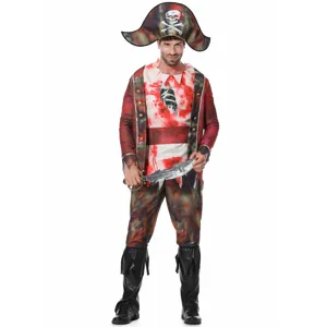 Set costume da pirata di Halloween da uomo con giacca insanguinata cappello pantaloni e spada.