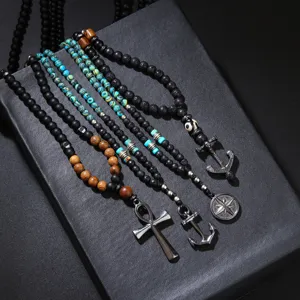 Vintage lava stone and turquoise beaded necklaces with anchor and cross pendants for men