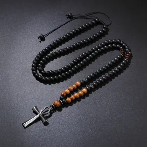 Men's retro natural black stone beaded necklace with a metallic Ankh cross pendant