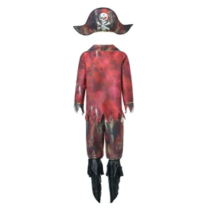 Set costume da pirata da uomo con cappello, giacca, pantaloni e copristivali per Halloween.