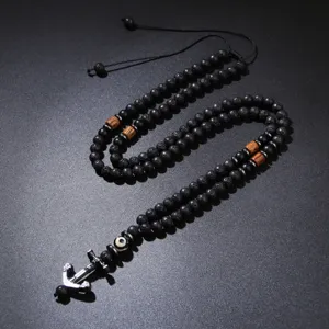 Natural black lava stone bead necklace for men with a vintage silver anchor pendant