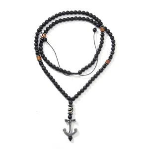 Men's natural volcanic lava stone beaded necklace with retro silver anchor pendant